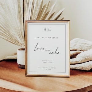 All you need is love and cake Zeichenvorlage, Monogramm Hochzeitsdesserts druckbares Zeichen, einfacher schwarzer Rand, bearbeitbares Templett Download #BL51