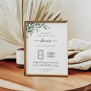 Plantilla de letrero de boda sin dispositivos, letrero de ceremonia de eucalipto desenchufado, letrero de vegetación sin teléfonos ni cámaras con íconos, descarga editable #BL9