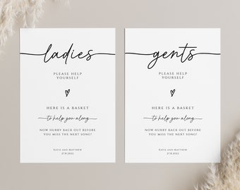 Wedding bathroom sign template, wedding ladies gents basket sign, modern handwriting bathroom wedding sign, editable download #BL46