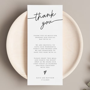 Plantilla sencilla de tarjeta de agradecimiento por el lugar de la boda, tarjeta de agradecimiento por la comida para imprimir, nota en servilleta, descarga editable #BL46