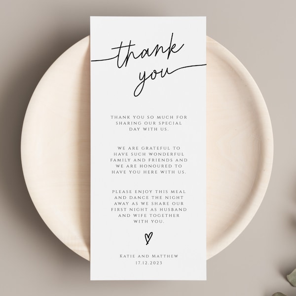 Simple thank you place card template, wedding place setting thank you, thank you meal card printable, napkin note, editable download #BL46