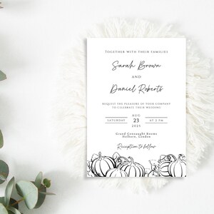 Fall wedding invitation template, black and white autumn pumpkin wedding invite, minimalist pumpkin outline printable & editable invitation image 8