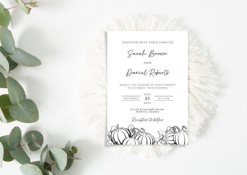 Fall wedding invitation template, black and white autumn pumpkin wedding invite, minimalist pumpkin outline printable & editable invitation image 8