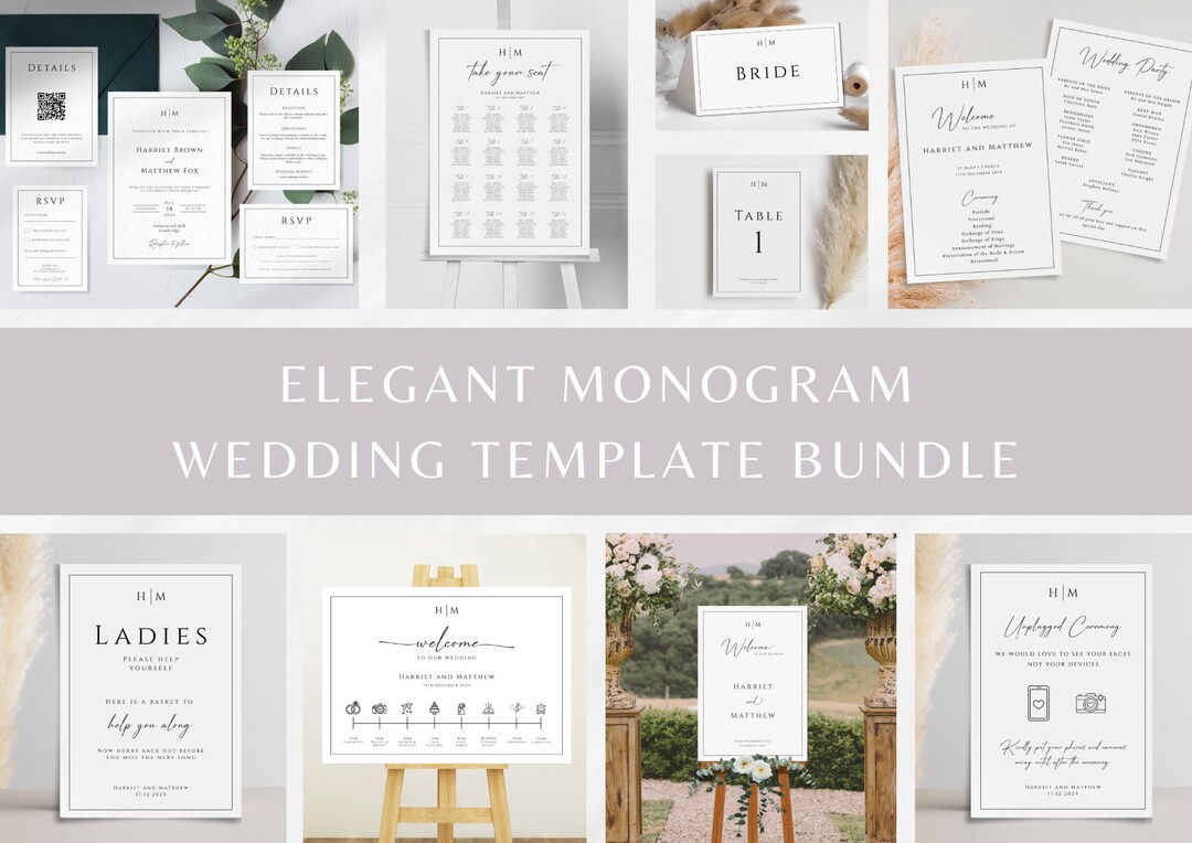 Monogram Wedding Template Bundle, Diy Wedding Printables, Elegant ...