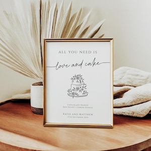 Alles was du brauchst ist Liebe und Kuchen Zeichen Vorlage Menü, Hochzeitstorte Geschmack Menü druckbar, einfach schwarz & weiß, editierbar Templett Download BL46