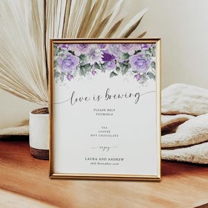 Lila Liebe braut Schild Vorlage, druckbare Hochzeit Hot Getränke Bar Schild, Blumen & Grün bearbeitbar Tee Kaffee, Schablone Download #BL27