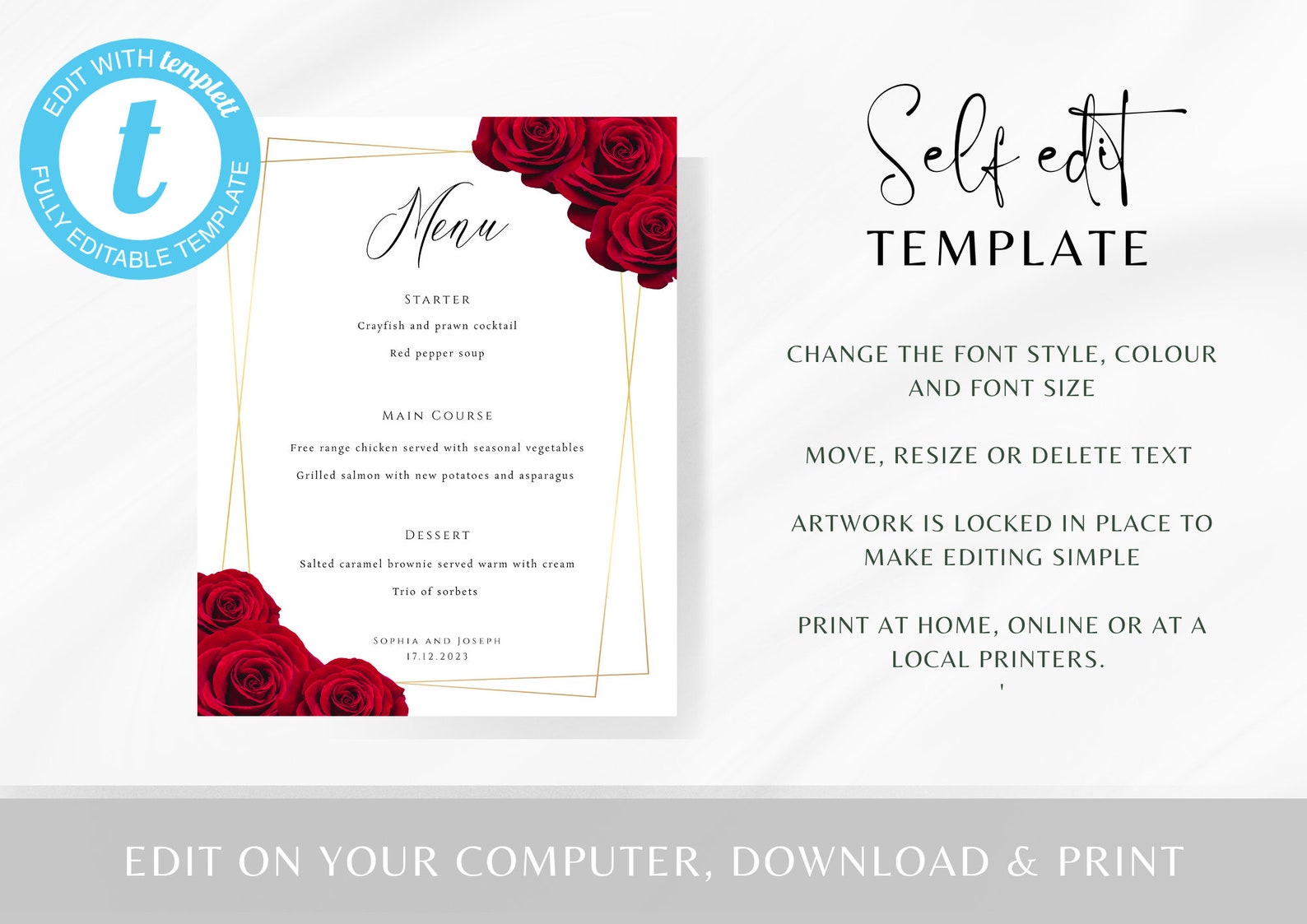 Red Rose Wedding Menu Template, Red and Gold Wedding Menu Card, Gold ...