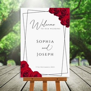 Plantilla de cartel de bienvenida para boda en rojo, cartel de bienvenida con rosa roja y borde negro, cartel de boda floral DIY, plantilla imprimible y editable para descargar BL2
