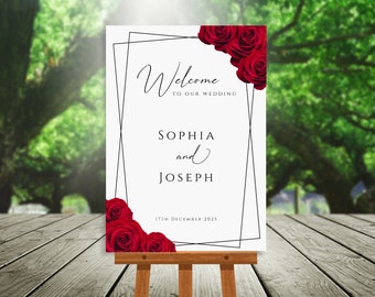 Red wedding welcome sign template, red rose and black border welcome sign, diy floral wedding sign, printable editable download templett BL2