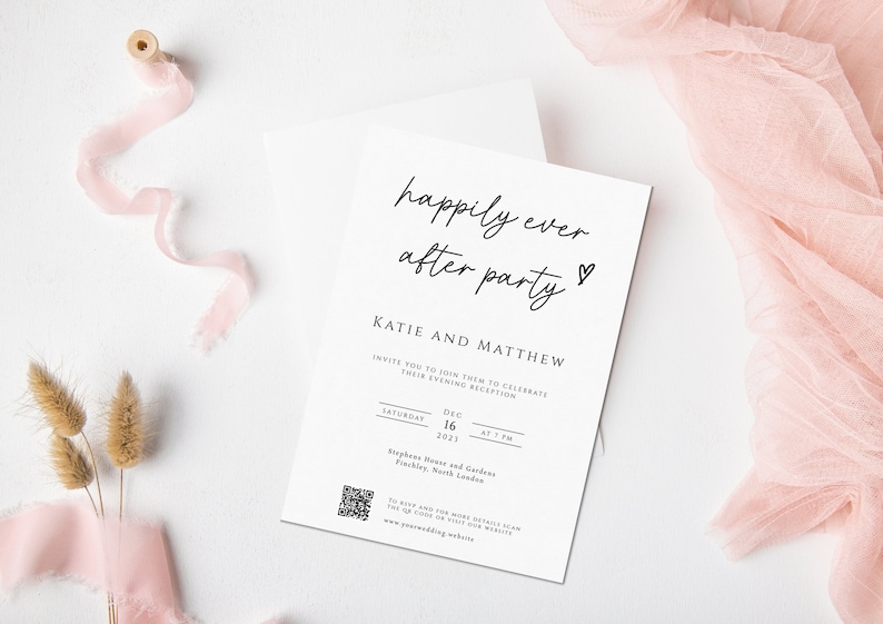 Happily ever after party wedding invitation template, upload your own QR code evening reception invite, print at home, editable invite BL46 image 10