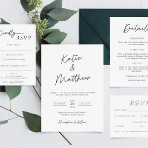 May include: A wedding invitation suite with a white background and black text. The invitation features the names "Katie & Matthew" and the date "December 20, 2025". The RSVP card includes a section for guest name, meal selection, and a choice to accept or decline the invitation.