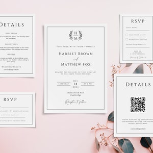 Monogram wedding invitation template, wreath leaves wedding invite suite printable, elegant details rsvp & QR code, editable download BL51