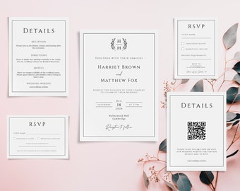 Monogram wedding invitation template, wreath leaves wedding invite suite printable, elegant details rsvp & QR code, editable download BL51