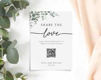 Deel de QR-code voor liefdesbordsjabloon, eucalyptusbord met huwelijksfoto afdrukbaar, groene fotoscan en deel doe-het-zelf, bewerkbare download #BL9