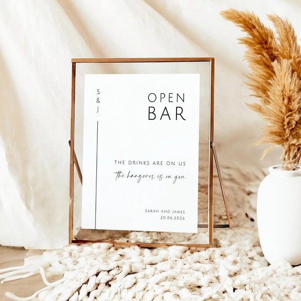 Monogram Open bar printable sign template, modern wedding bar sign, editable drinks are on us, black & white diy, Templett download #BL18