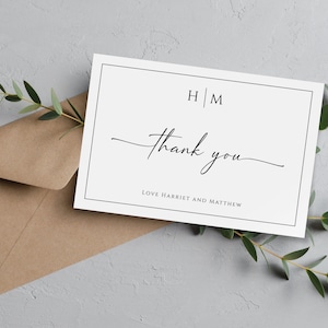 Monogramm Dankeschön Karte Vorlage, Hochzeit flach und gefaltet danke druckbar, schwarzer Rand diy Danke Postkarte, editierbar download #BL51