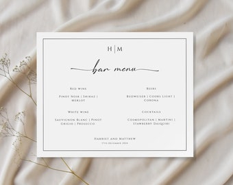 Monogram wedding bar menu template, elegant drinks menu sign printable, black border with initials landscape 10x8, editable download #BL51