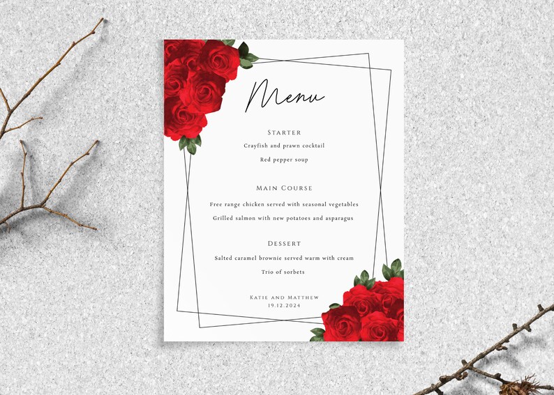 Red Rose Wedding Menu Template: Black Border, Printable 8x10 (digital ...