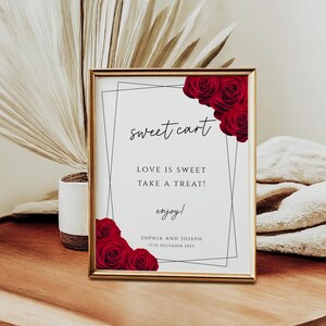 Wedding sweet cart sign template, red roses wedding printable love is sweet take a treat, red and black sweets sign, editable download #BL2