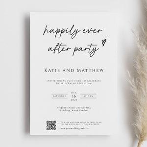 Happily ever after party wedding invitation template, upload your own QR code evening reception invite, print at home, editable invite #BL46