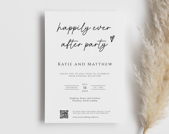 Modèle d'invitation de mariage Happy ever after party, téléchargez votre propre invitation à une réception avec code QR, imprimez-la à la maison, invitation modifiable # BL46