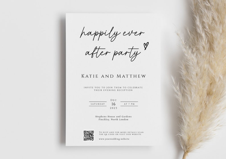 Happily ever after party wedding invitation template, upload your own QR code evening reception invite, print at home, editable invite BL46 image 1
