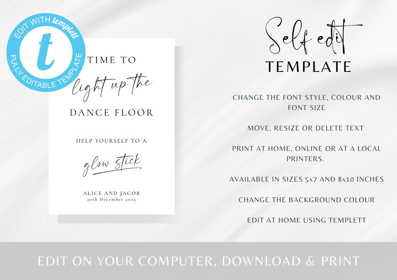 Light up the Dance Floor Sign Template, Printable Wedding Glow Stick ...
