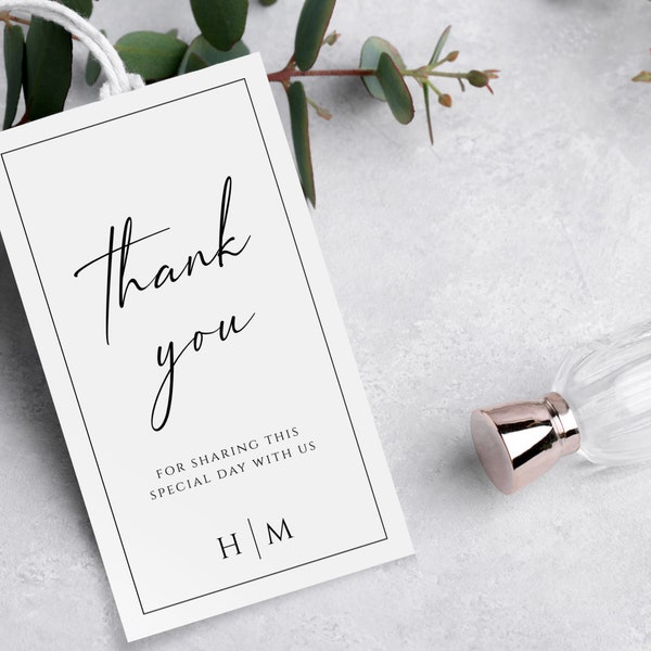 Monogram wedding favor tag template, elegant printable thank you tag, simple black border gift tag, editable download, #BL51