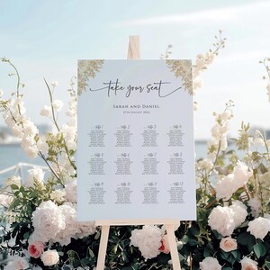 Gold wedding seating sign template, floral wedding seating chart editable, gold large portrait sign, printable take a seat template #BL57