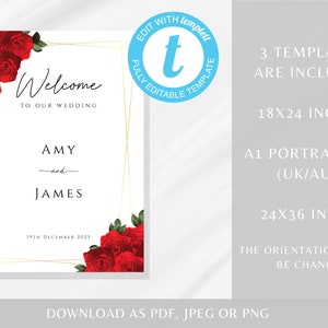 Red and Gold Wedding Welcome Sign Template, Red Rose Printable Welcome ...