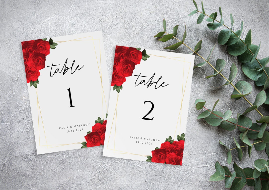Red Roses Table Numbers Red and Gold Wedding Table Number Template, Red Roses Table Number ...