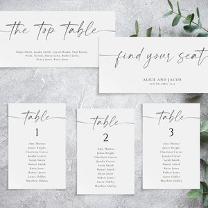 Kaartsjabloon bruiloft zitplaatsen, afdrukbare moderne zwart-wit script tafelplankaarten, 4 x 6 tafelplan, Templett-download #BL19