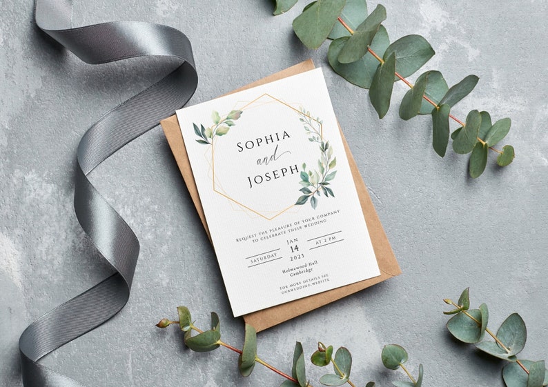 Eucalyptus wedding invitation template, greenery and gold frame printable wedding, green and gold 5 x 7 invite, editable download image 1