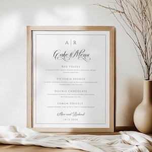 Monogramm Kuchen Menü Schild, eleganter schwarzer Rand Hochzeitstorte Geschmacksrichtungen Schild zum Ausdrucken, DIY 4 Tier, editierbares Templett Download #BL51