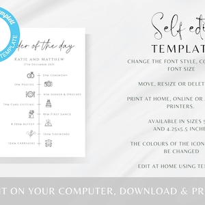 May include: A printable wedding day timeline template with a white background and black text. The template features a vertical timeline with icons representing different events, such as the ceremony, photos, dinner, and speeches. The text "Order of the Day" is at the top of the template, followed by the names "Katie and Matthew" and the date "17th December 2025". The template is fully editable and can be printed at home or at a local printer.