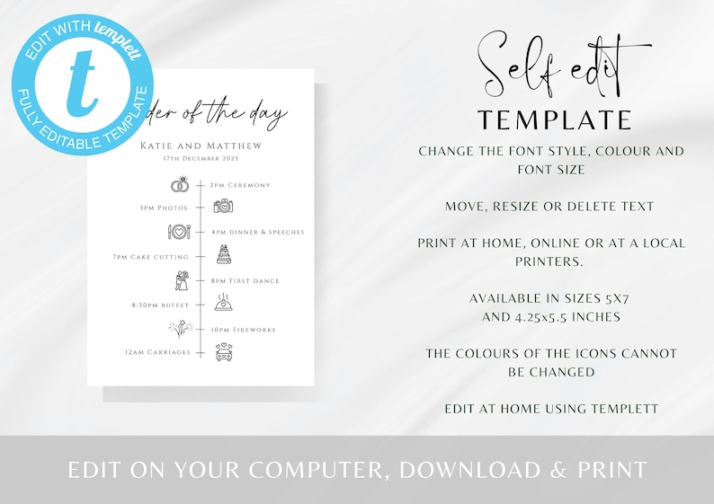 May include: A printable wedding day timeline template with a white background and black text. The template features a vertical timeline with icons representing different events, such as the ceremony, photos, dinner, and speeches. The text "Order of the Day" is at the top of the template, followed by the names "Katie and Matthew" and the date "17th December 2025". The template is fully editable and can be printed at home or at a local printer.