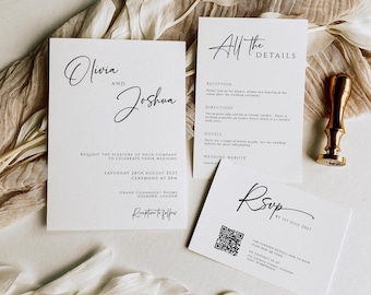 Minimalist Wedding Invitation Template Bundle: Black & White Suite, Editable Text, Add A QR and RSVP (Templett Digital Download)