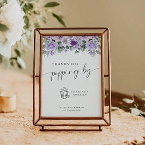 Purple thanks for popping by sign template, printable wedding popcorn sign, floral & greenery editable party sign, Templett download BL27