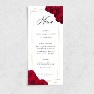 Modèle de menu de mariage rouge et or, grande enseigne de menu de mariage rose rouge, carte de menu imprimable bordure dorée, menu bricolage 4 x 9 téléchargement modifiable #BL6