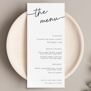 Modello di menu di nozze, menu per cena di nozze minimalista, menu per cena di ricevimento moderno stampabile, menu alto classico modificabile #BL46