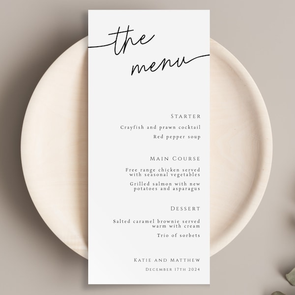 Wedding menu template, minimalist wedding dinner menu, printable modern reception dinner menu, editable classic tall menu #BL46