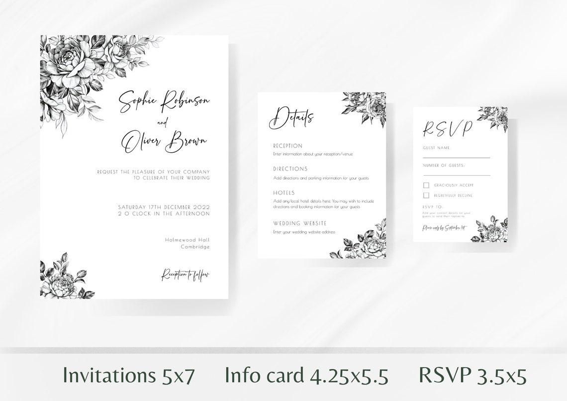 Black and White Floral Wedding Invitation Template Set Peony Etsy