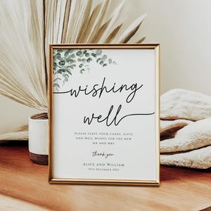 Plantilla imprimible de letrero de eucalipto para pozo de los deseos de boda, letrero de boda con vegetación y regalos, letrero de boda DIY, descarga editable #BL9