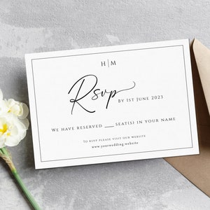 Modèle de carte RSVP de mariage, carte RSVP bricolage, réponse de mariage monogramme, RSVP imprimable minimaliste noir et blanc, téléchargement modifiable # BL51