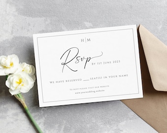 Plantilla de tarjeta rsvp de boda, tarjeta rsvp diy, respuesta de boda monograma, rsvp imprimible minimalista en blanco y negro, descarga editable #BL51