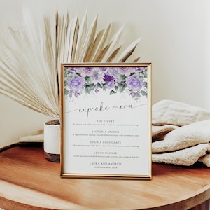 Lila Cupcake Menü Zeichen Vorlage, Hochzeitstorte Geschmacksrichtungen, druckbare lila Blumen und Grün DIY Menükarte, Templett Download BL27