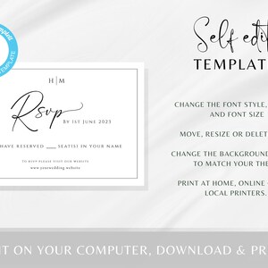 May include: A printable RSVP card template with the text "RSVP by 1st June 2023" and "We have reserved ____ seats(s) in your name". The template is editable and can be printed at home, online, or at a local printer.