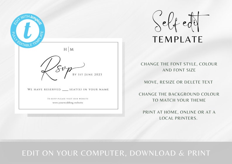 May include: A printable RSVP card template with the text "RSVP by 1st June 2023" and "We have reserved ____ seats(s) in your name". The template is editable and can be printed at home, online, or at a local printer.
