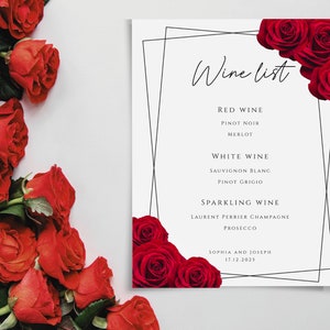 Plantilla de letrero de menú de vinos tintos, letrero de lista de vinos de boda de rosas rojas imprimible, plantilla de menú de bebidas florales rojas con borde negro, descarga editable #BL2