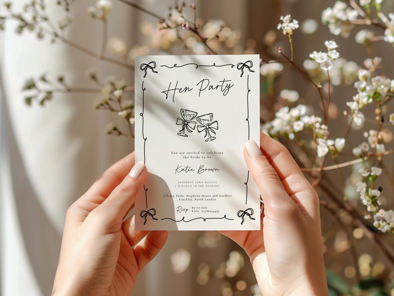 May include: A cream-colored invitation card with the words "Hen Party" in elegant script, featuring two champagne glasses. The card is held by hands and surrounded by floral elements. The invitation includes details for Katie Brown's celebration.